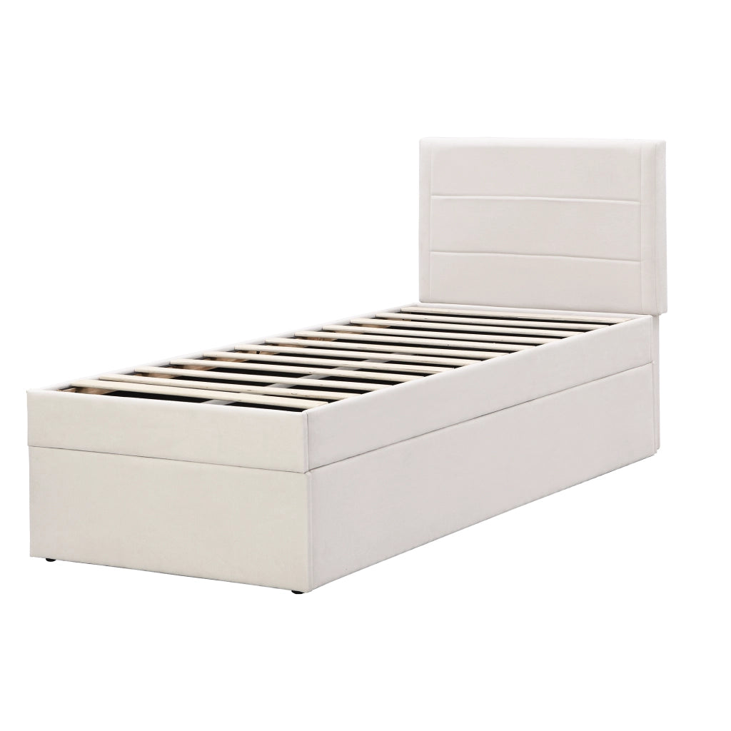 Letto singolo imbottito 90 × 200 cm con ampio vano contenitore; senza materasso; in lino e MDF; beige