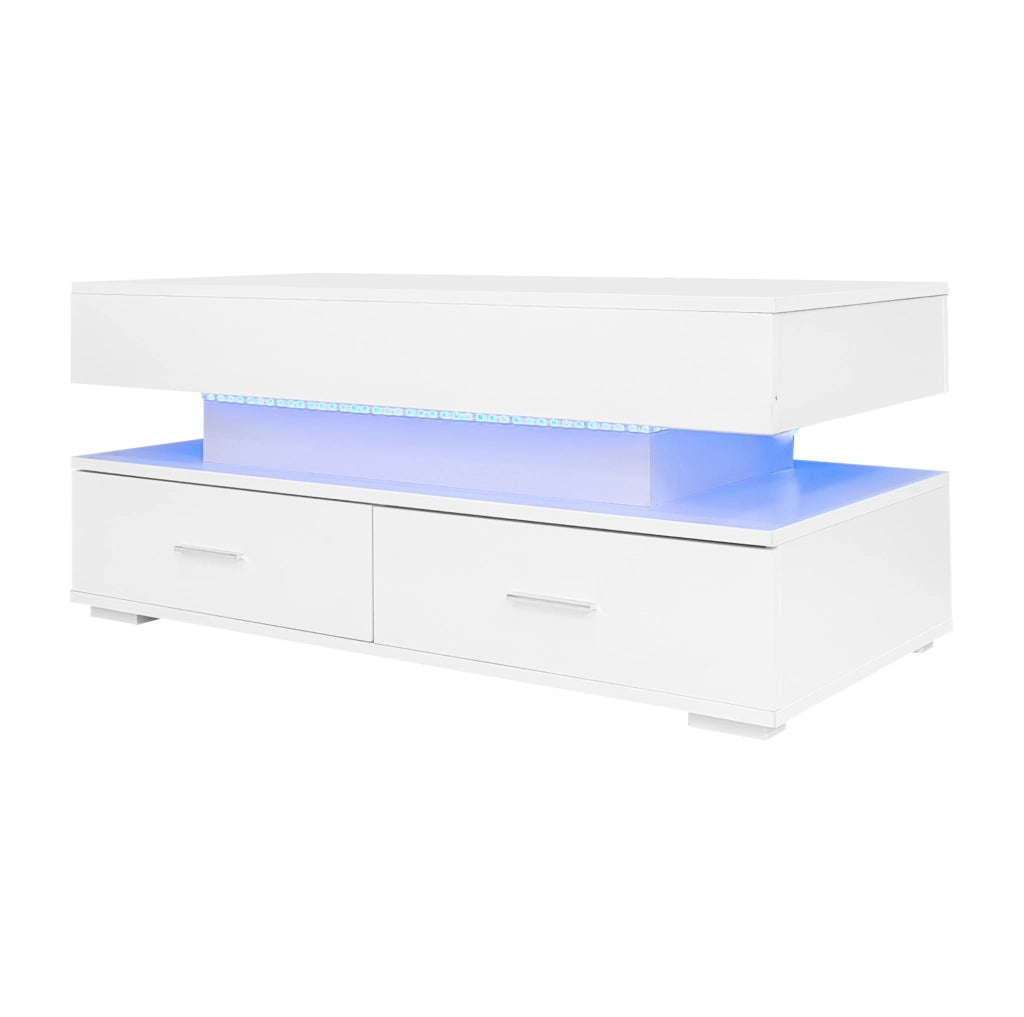 Tavolino da caffè bianco 100x50x44 cm con alzata idraulica, LED integrato, Bluetooth, 2 cassetti e vano aperto