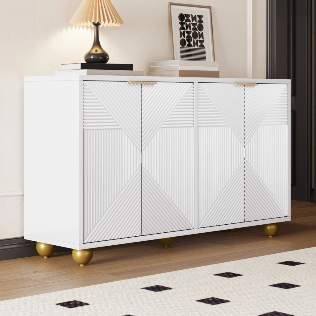 Credenza bianca a quattro ante 120 x 35 x 71;5 cm in MDF con gambe sferiche