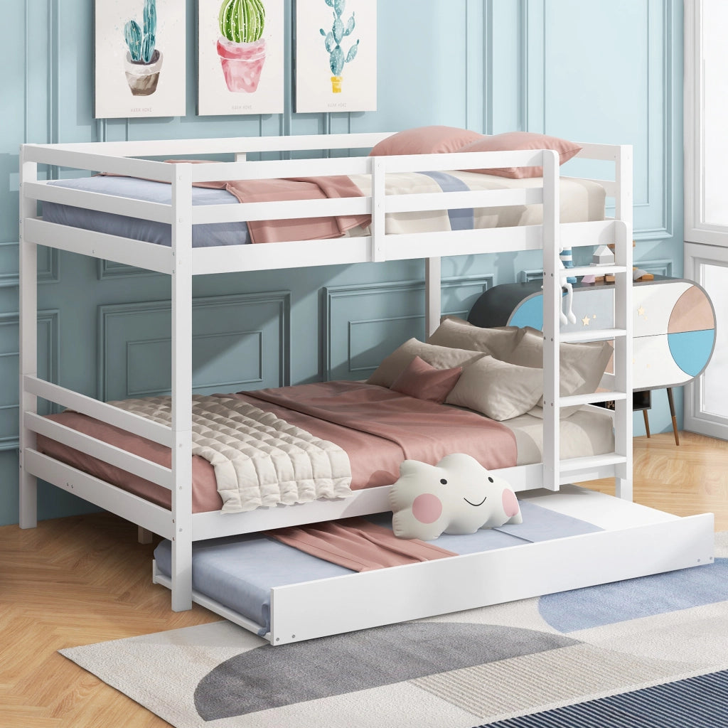Letto a castello 140×200 cm 3 posti con letto estraibile e scala; senza materasso; in pino; bianco