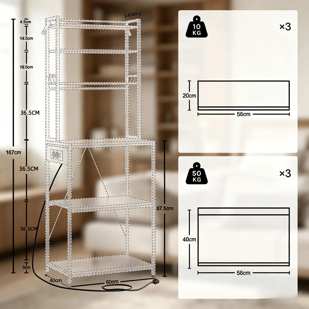 Credenza da cucina alta con 6 ripiani, 6 ganci e 3 prese elettriche per cucina, metallo e truciolare, 60 × 40 × 167 cm