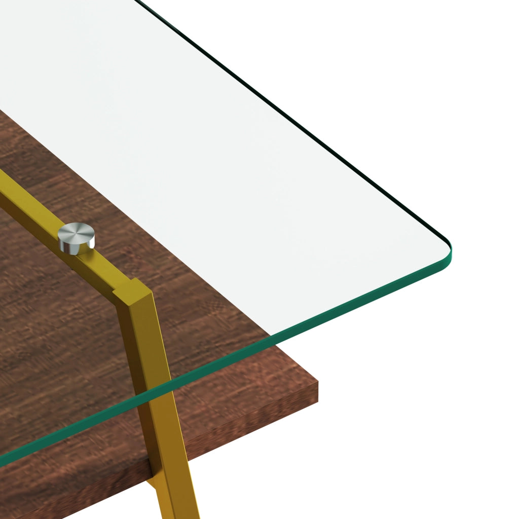 Tavolino da salotto rettangolare con vetro temperato, MDF e gambe oro
