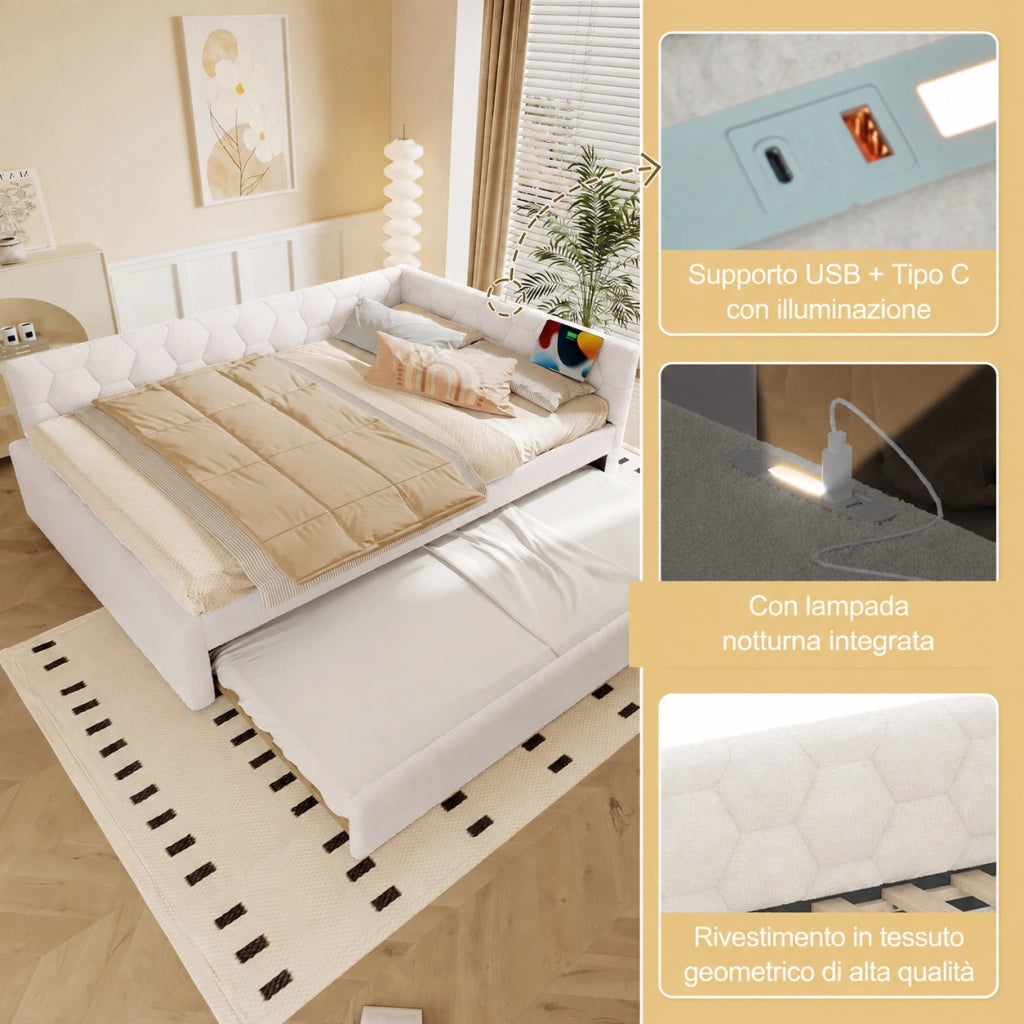 Letto rosa 140x200 cm con rete a doghe e letto estraibile; lampada; USB e Type C; velluto e MDF