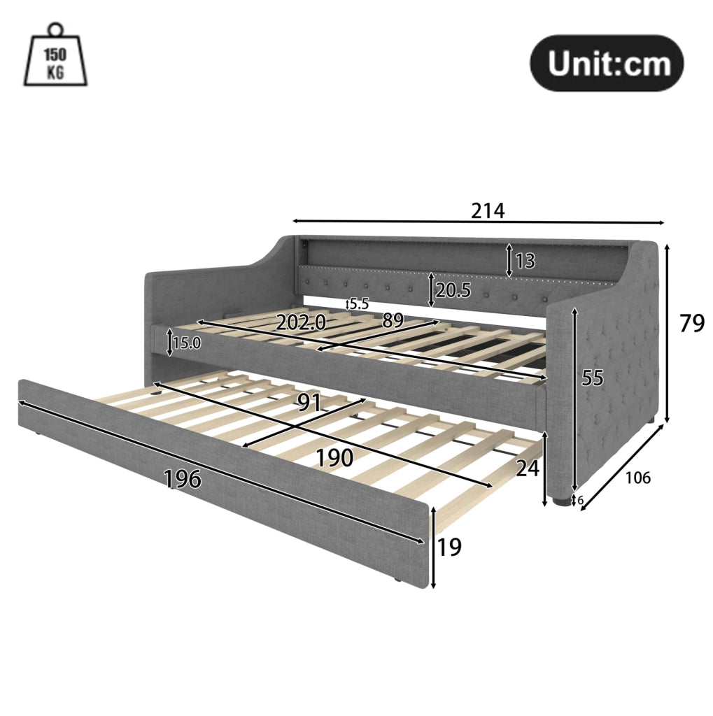 LETTO Divano 90x200 cm in lino grigio con letto estraibile, LED e USB