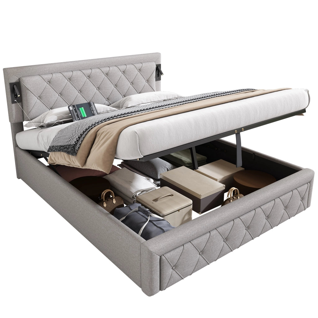 Letto matrimoniale contenitore imbottito in lino grigio con testiera a rombi luci e porte USB