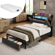 Letto singolo 90x200 con testiera contenitore, LED, USB-C e materasso incluso
