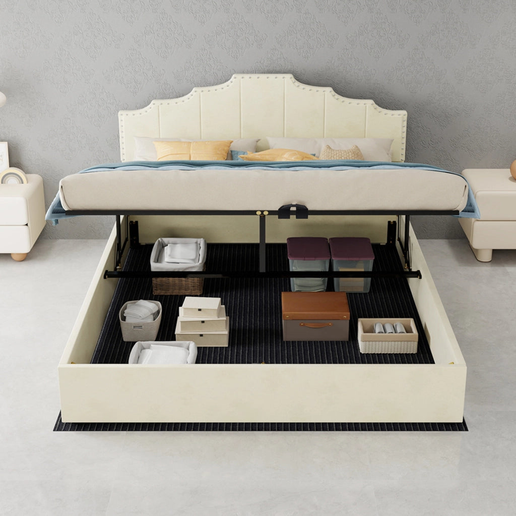 Letto matrimoniale imbottito ULEVR 160x200 cm con materasso incluso, testiera geometrica beige