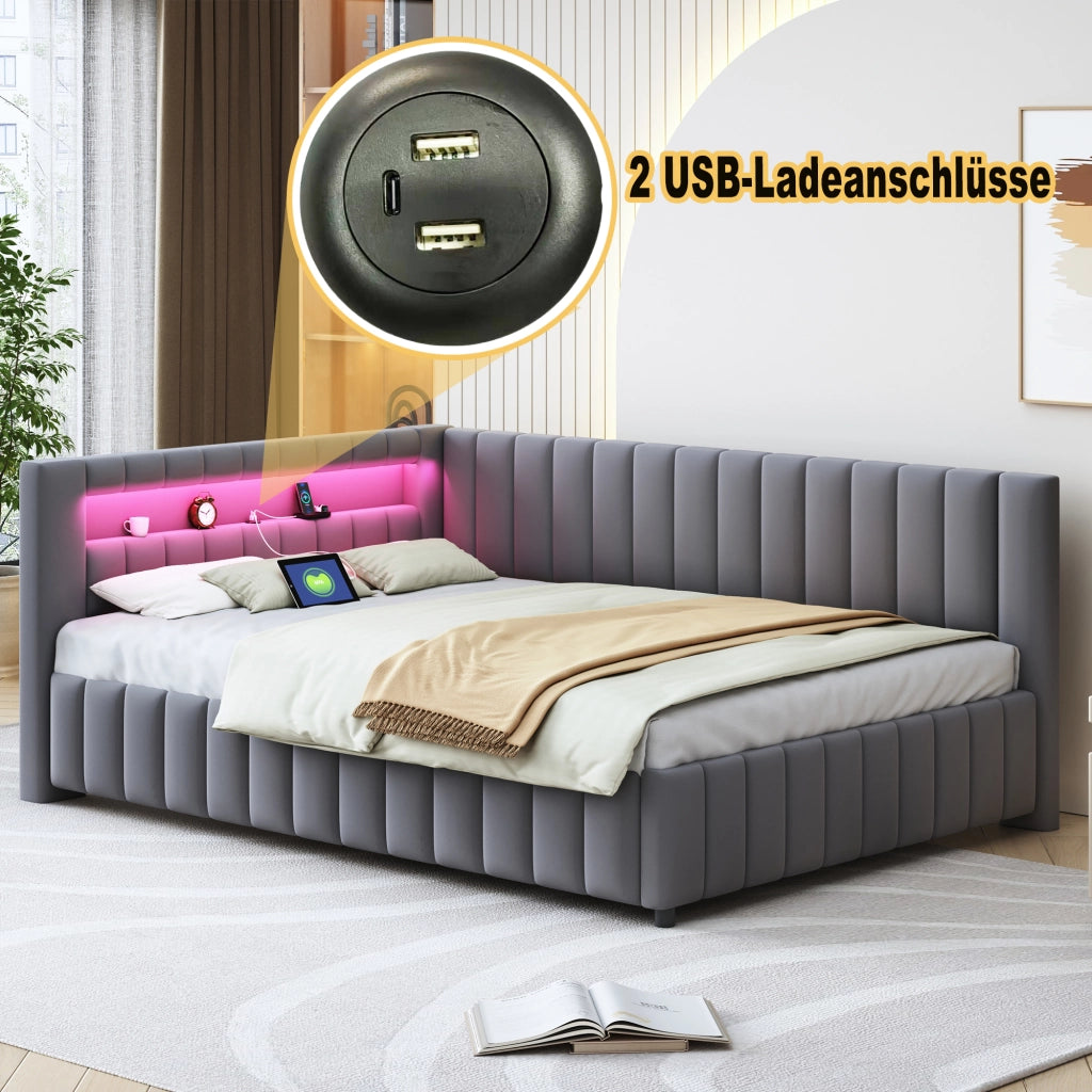 Divano letto 140 × 200 cm a L rivestito in velluto grigio con LED multicolore; USB; testiera e schienale