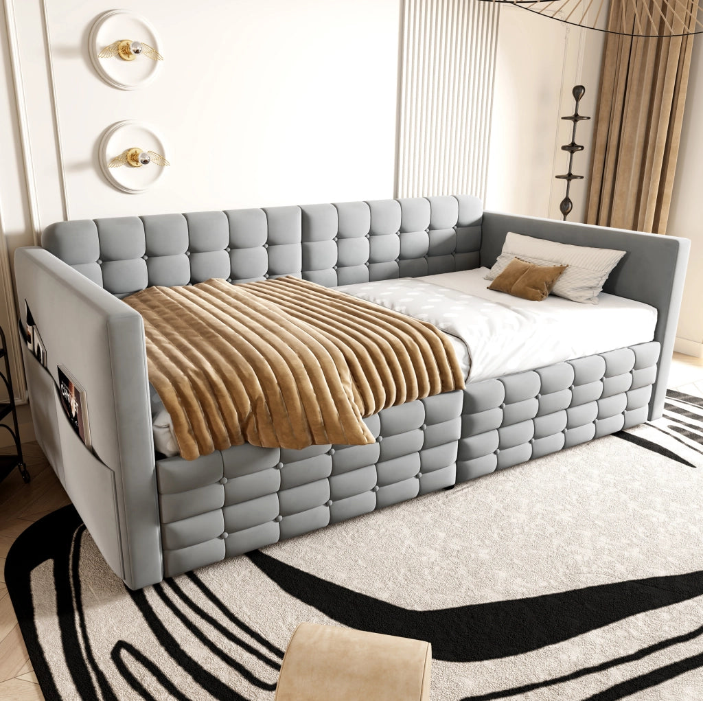 Letto imbottito 90x190 cm in velluto grigio chiaro con cassetti