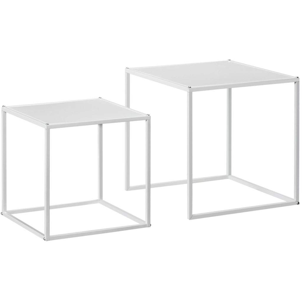 Set di 2 Tavolini Quadrati da Salotto con Struttura in Acciaio, Moderni, Bianchi, Dimensioni 40x40x40 cm e 35x35x35 cm