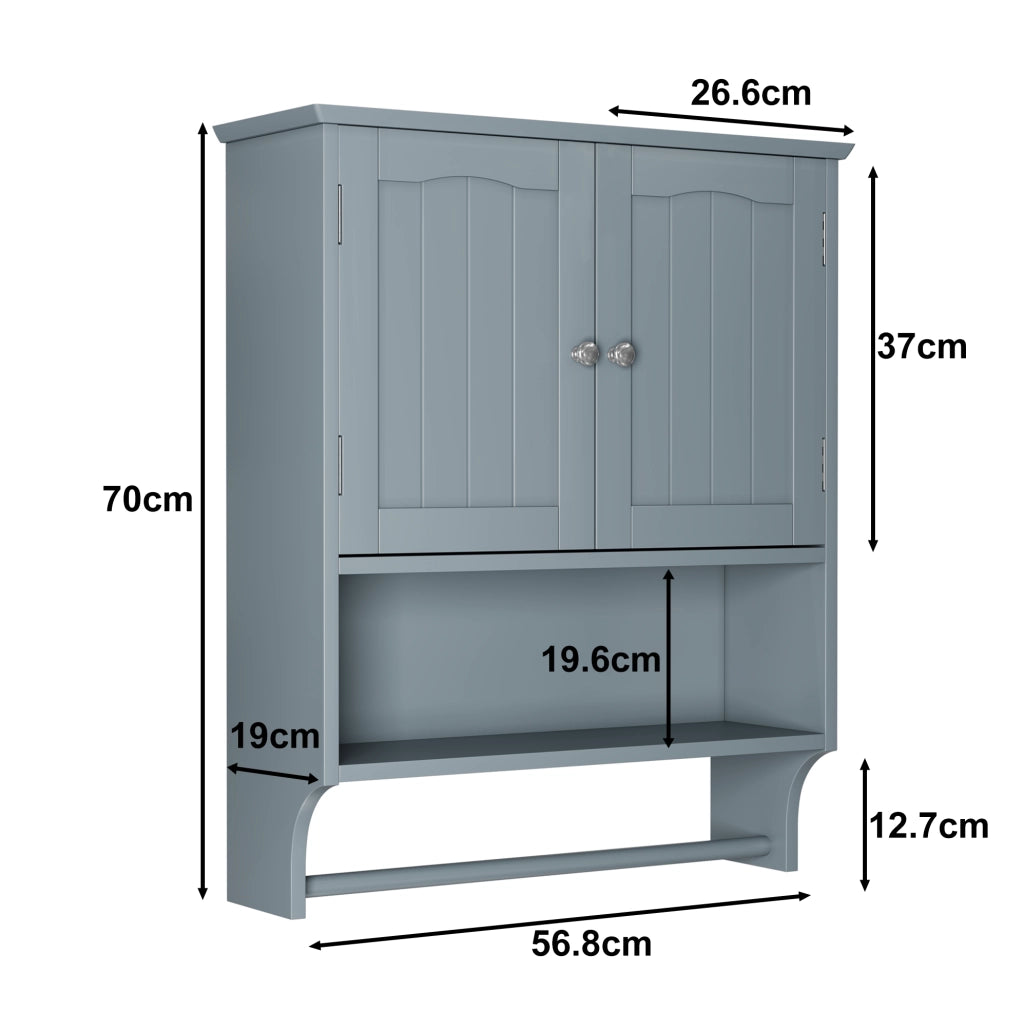 Mobiletto da bagno a muro con portasalviette, 2 sportelli e ripiani aperti in MDF grigio chiaro, 56,8 x 19 x 70 cm
