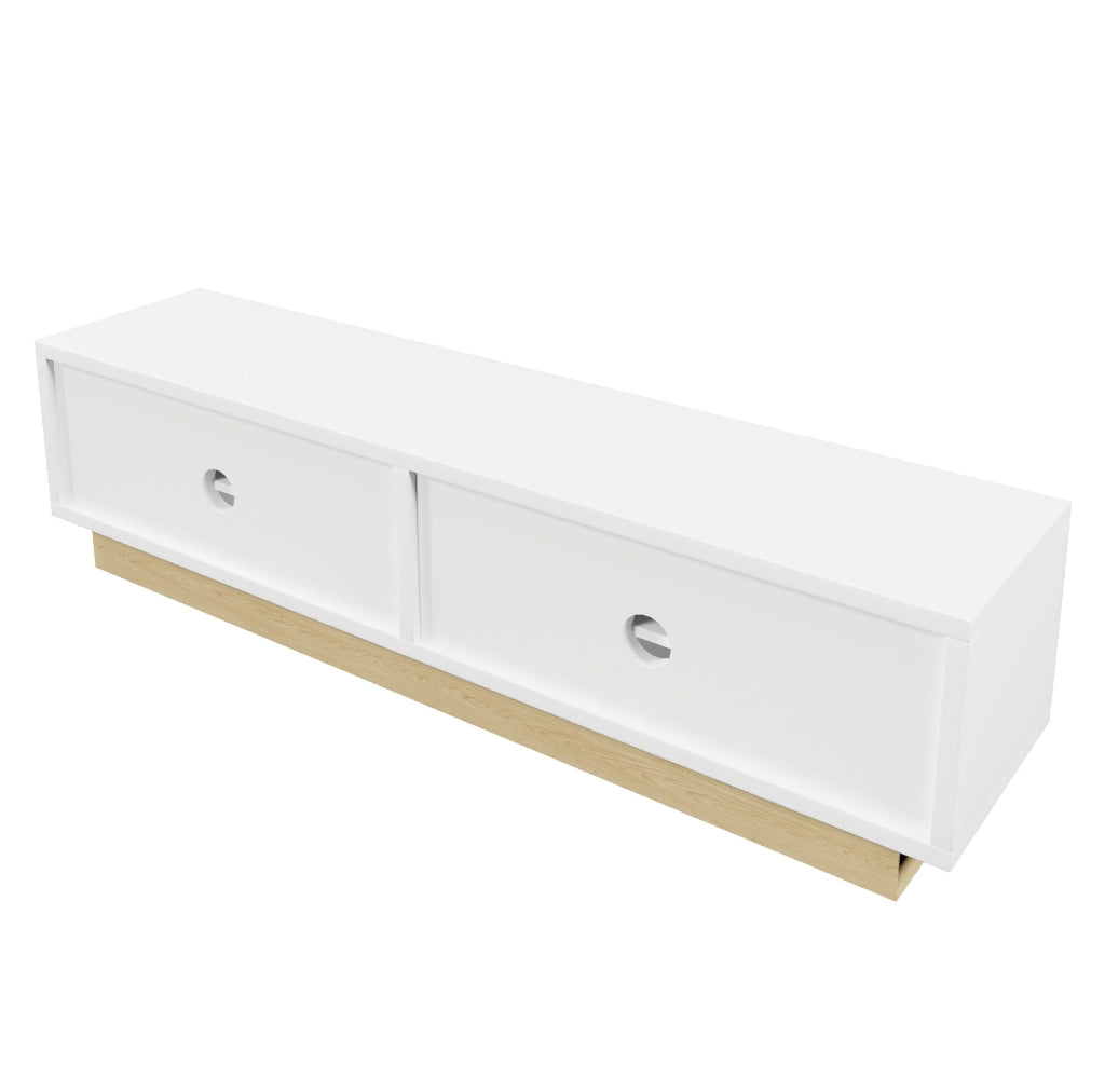 Mobile TV 175 cm con 4 ante push-to-open in MDF bianco e finitura color legno