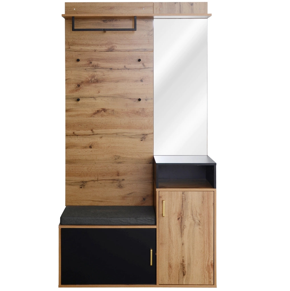 Set ingresso con appendiabiti, specchio, scarpiera, panca e ripiano superiore in legno e nero, 105x40x191,5 cm