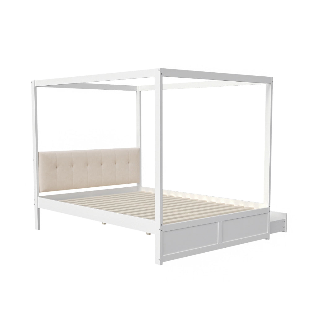Letto a baldacchino bianco 140x200 cm con comode cassetti e schienale imbottito