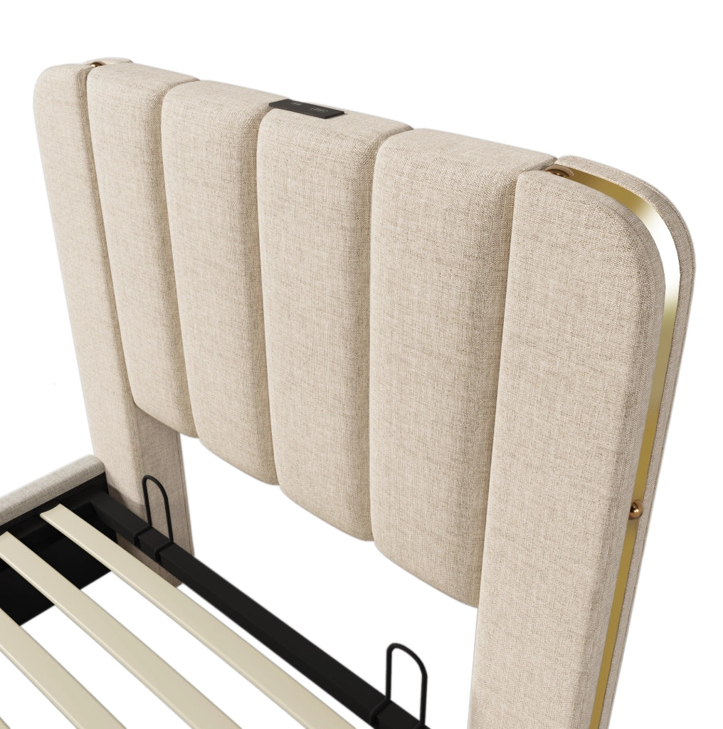 Letto singolo imbottito 90x200 cm con contenitore, USB e Tipo-C, beige