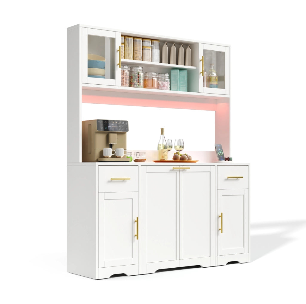 Credenza cucina multifunzionale 140x40x173 cm in MDF bianco con LED RGB e prese