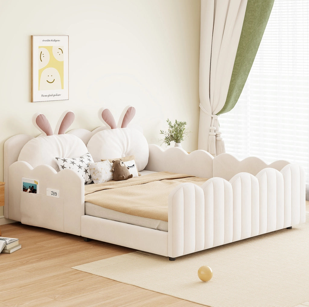 Letto a piattaforma imbottito 140x200 cm con cuscino a coniglio; beige