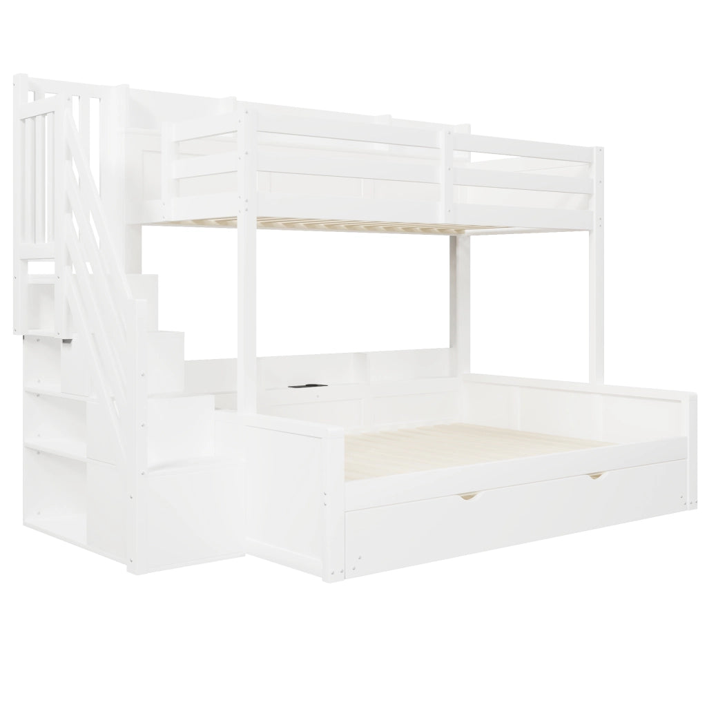 Letto a castello 90 × 200 cm e 140 × 200 cm con letto estraibile; scala contenitore e USB; in legno bianco
