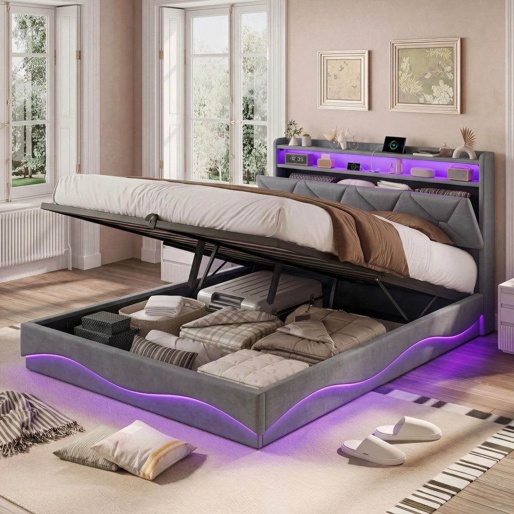 Letto matrimoniale 160x200 cm con contenitore LED USB Type-C testiera rete a doghe tessuto - grigio