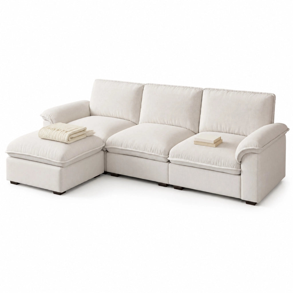 DIVANO Angolare 4 Posti con Ottomana 260x154 cm in Chenille Beige