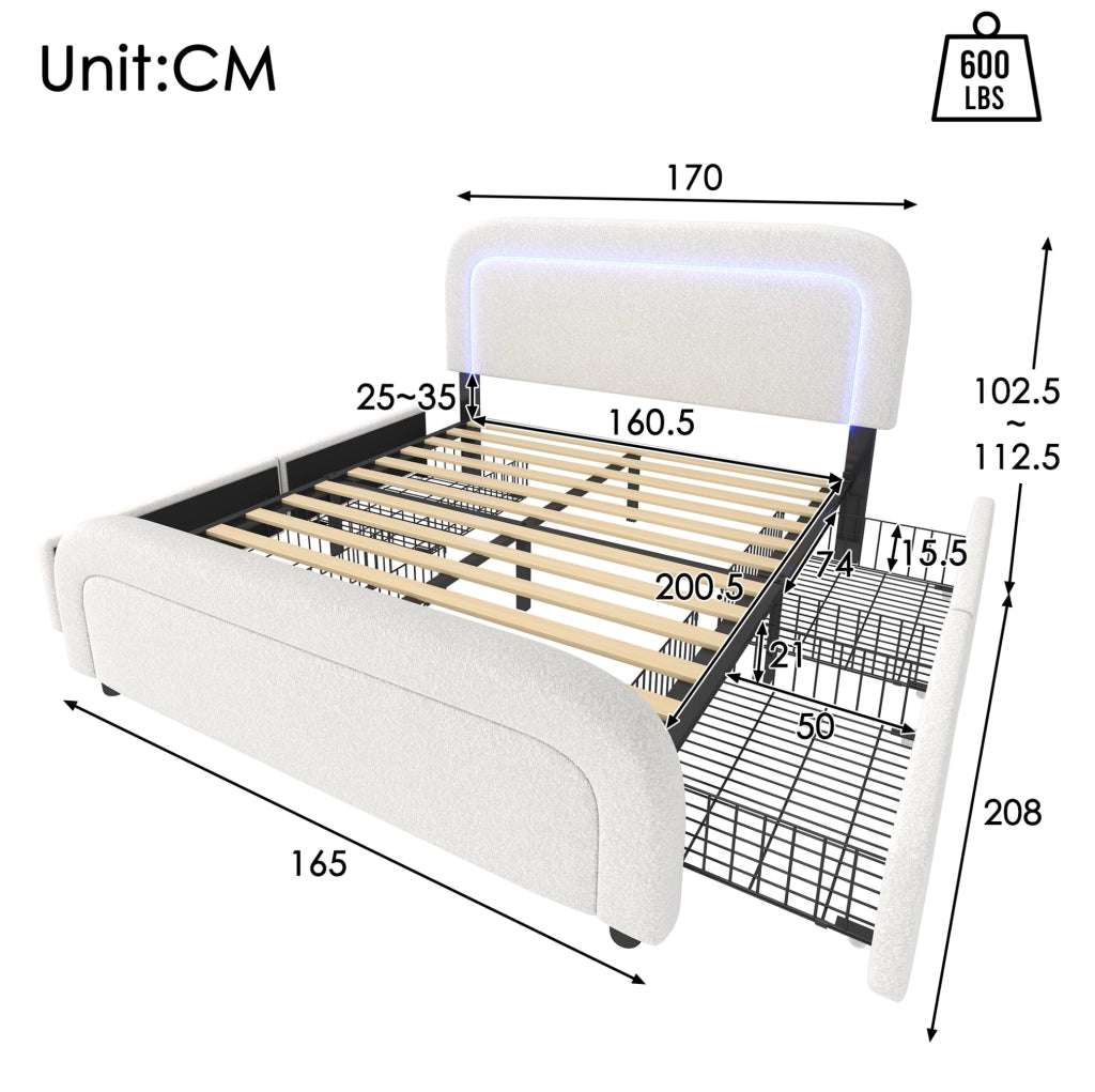 Letto matrimoniale 160x200 cm in sherpa bianco con materasso; 4 cassetti; LED e USB/Type-C HOMVRA
