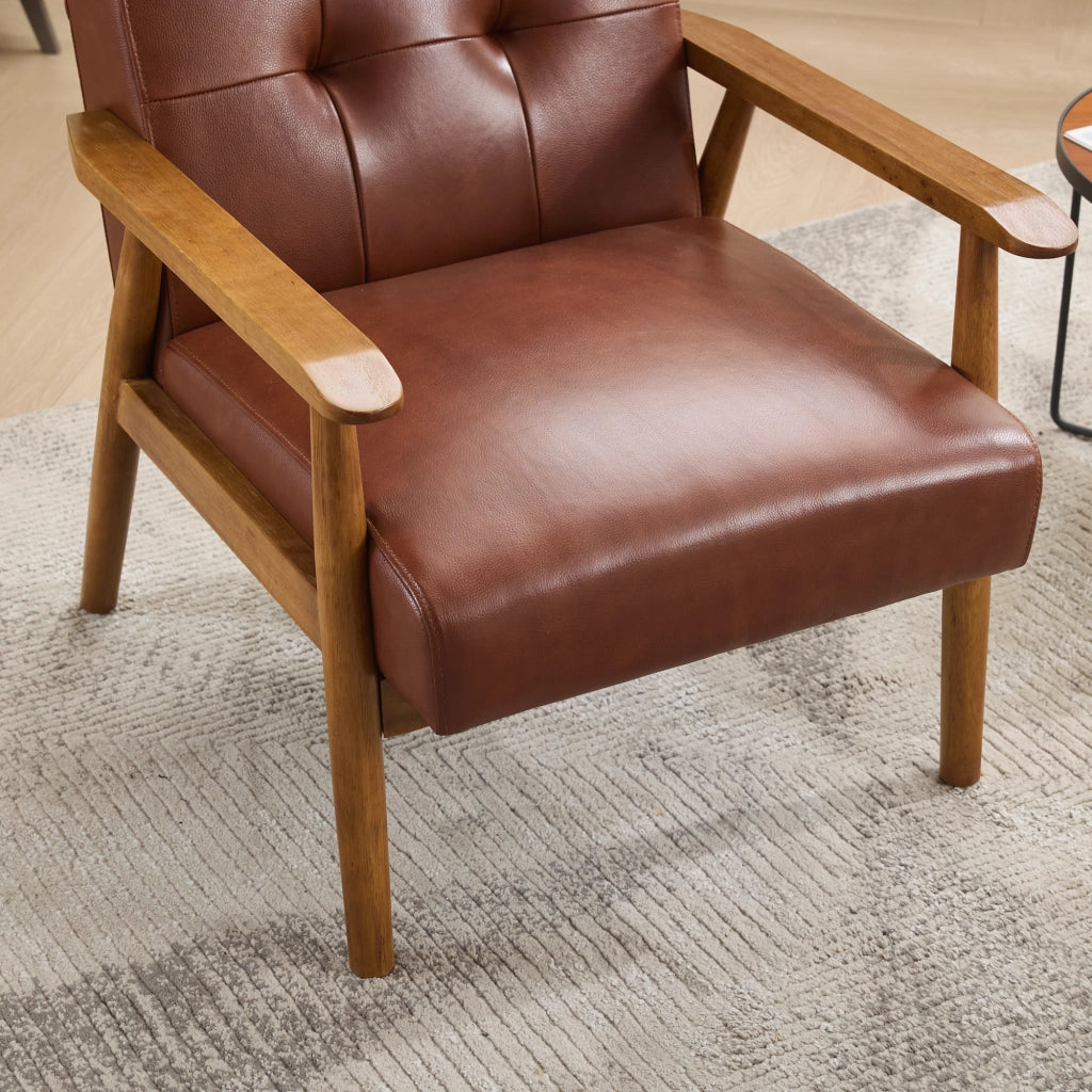 Poltrona con schienale decorato e braccioli in pelle e legno di caucciù marrone, 68 × 57 × 44 cm