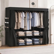 Armadio in tessuto nero con 5 bastoni appendiabiti e 5 ripiani, 212 x 45 x 167 cm, salvaspazio e portatile
