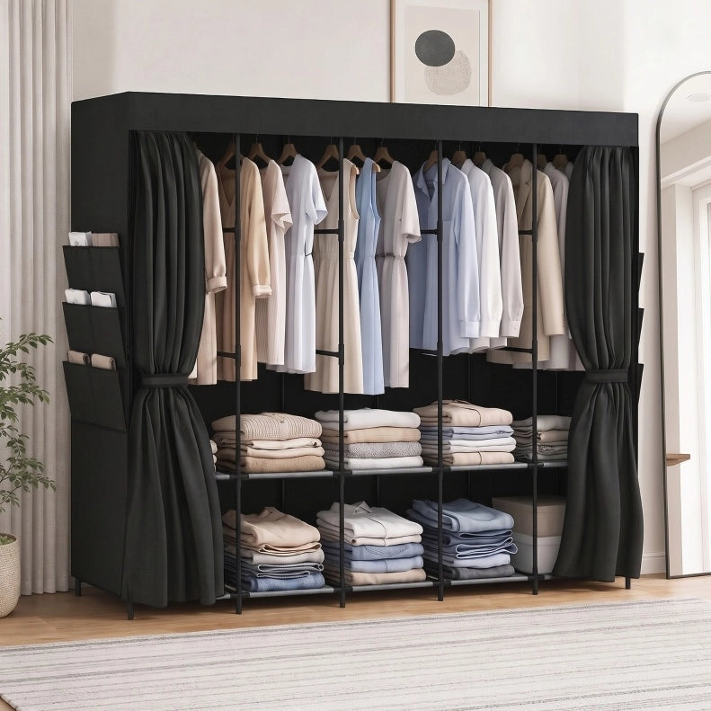Armadio in tessuto nero con 5 bastoni appendiabiti e 5 ripiani, 212 x 45 x 167 cm, salvaspazio e portatile