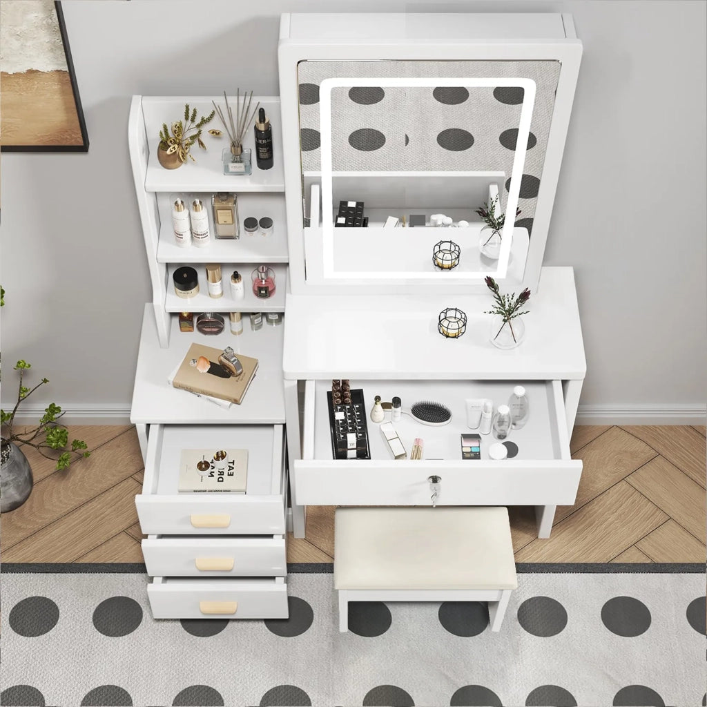 Set Tavolo da Trucco Bianco con Specchio e Luce 3 Colori, Sgabello Imbottito, 4 Cassetti, 85x36x130 cm