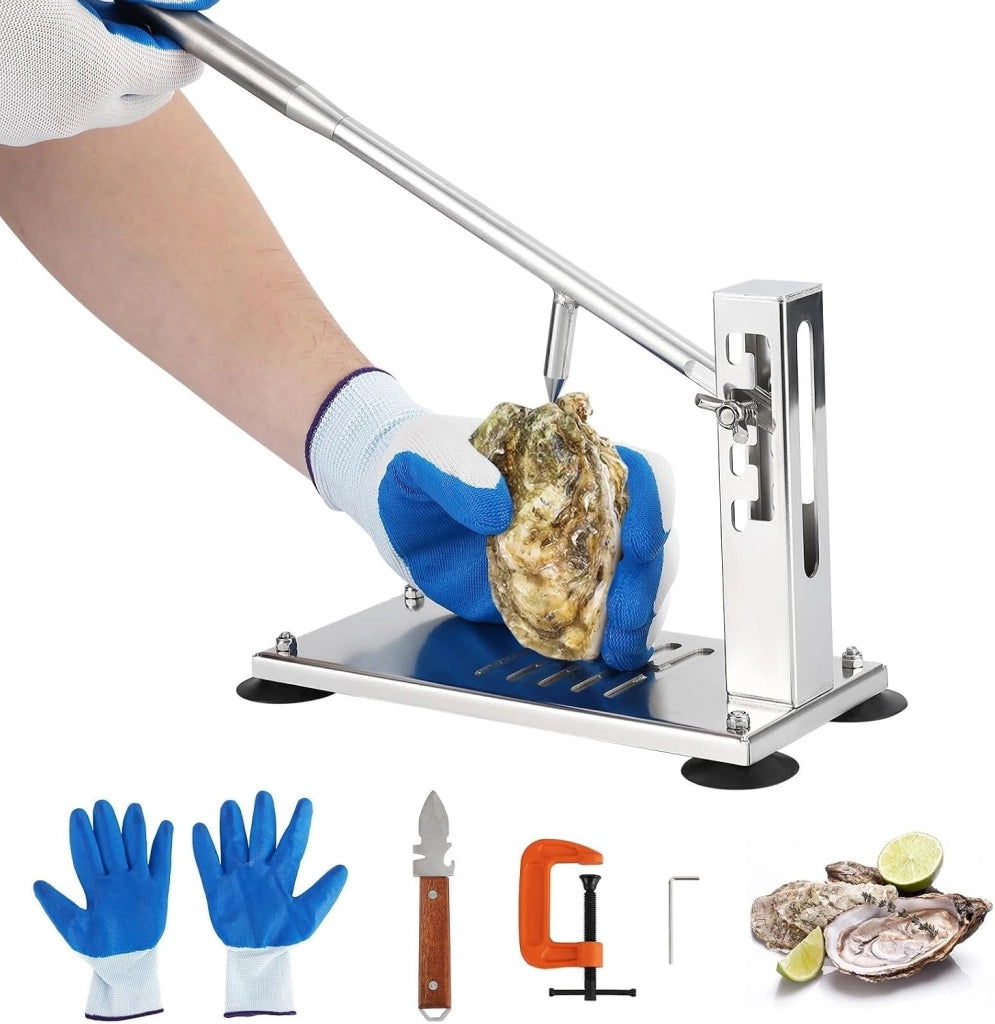 Apri ostriche professionale in acciaio inox  C Leva regolabile con 5 impostazioni di altezza; impugnatura ergonomica; guanti antitaglio  C Robusto str