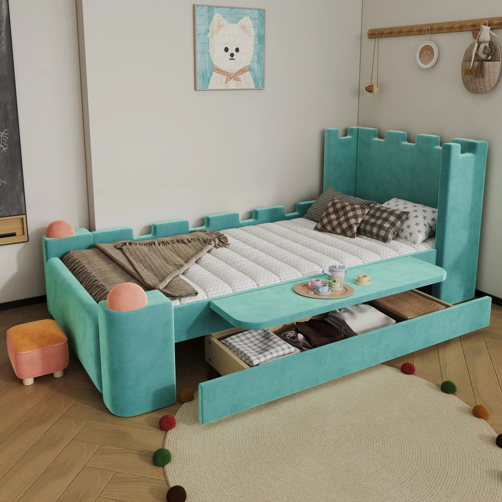 Letto singolo 90 × 200 cm con cassetto estraibile e ripiano laterale pieghevole in velluto francese blu verde