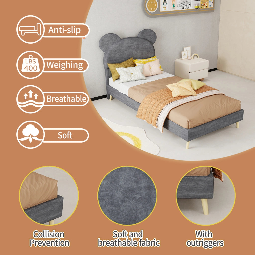 Letto contenitore 90 × 200 cm con testiera imbottita a forma di cartone grigio e vano con pistoni pneumatici