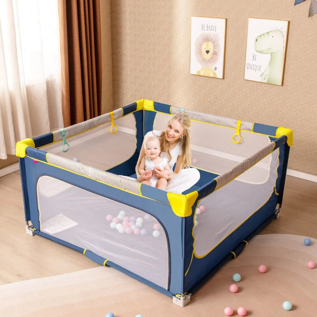 Box pieghevole per bambini e tappetino attivit¨¤ patchwork per bambini, Recinto per bambini e tappetini da gioco set 2 pz Blu