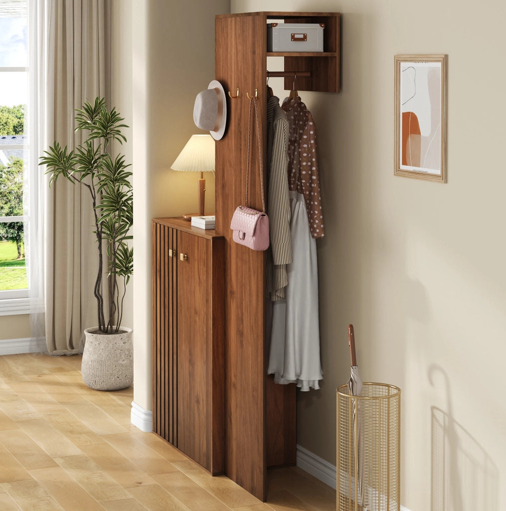 DESMIU Compact Garderobe aus MDF in Nussbaum mit Schuhschrank, Kleiderstange und Haken, 115x38,5x191,5 cm