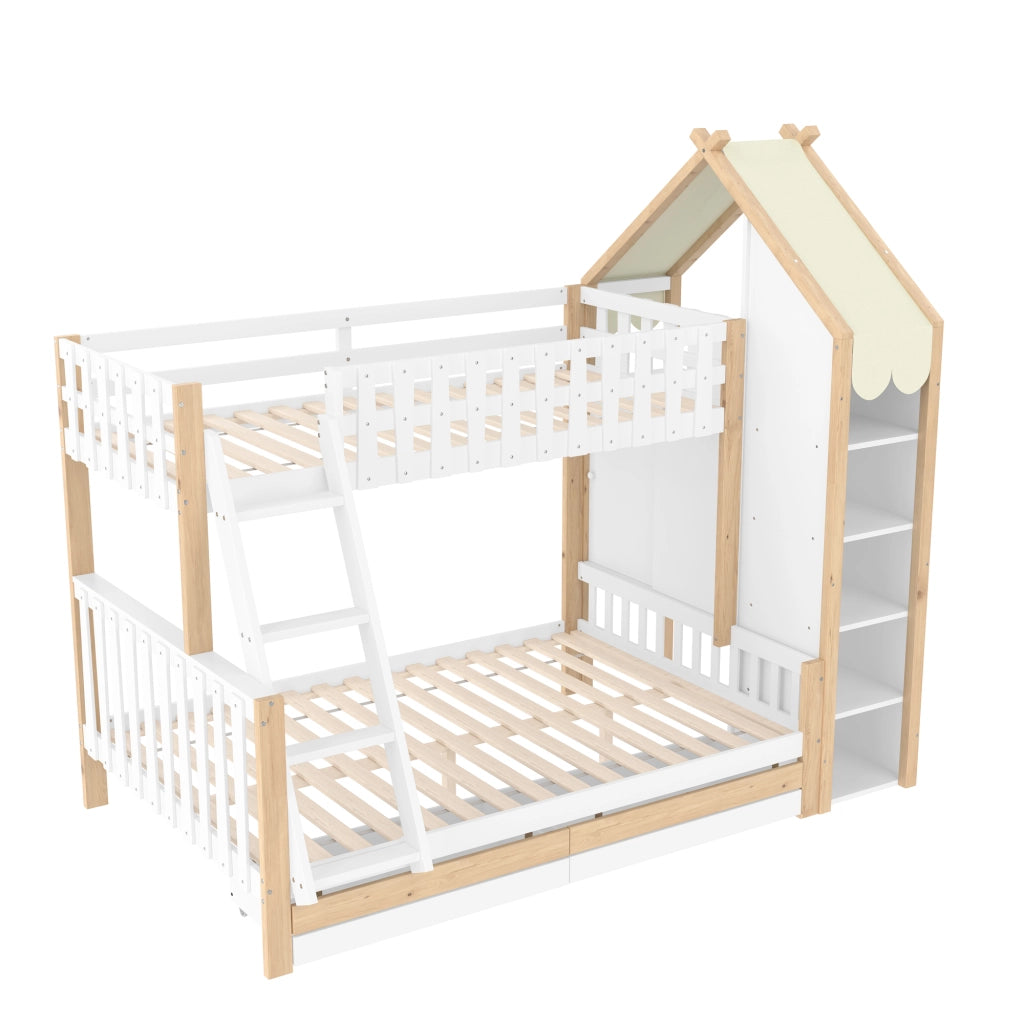 Letto a castello 90 × 200 cm e 140 × 200 cm 3 posti; mensole e 2 cassetti; senza materasso; bianco naturale