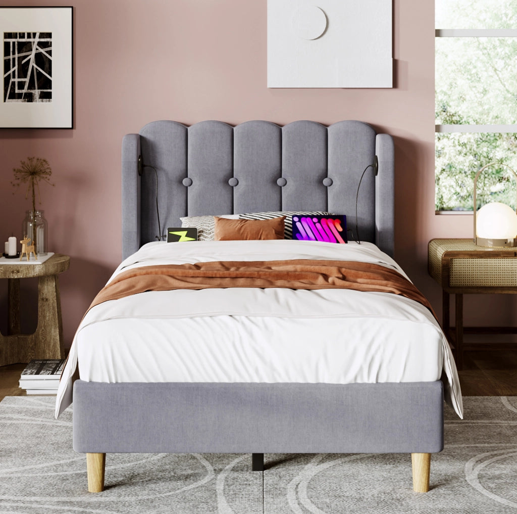 Letto singolo imbottito grigio con ricarica USB e Tipo-C 90x200 cm