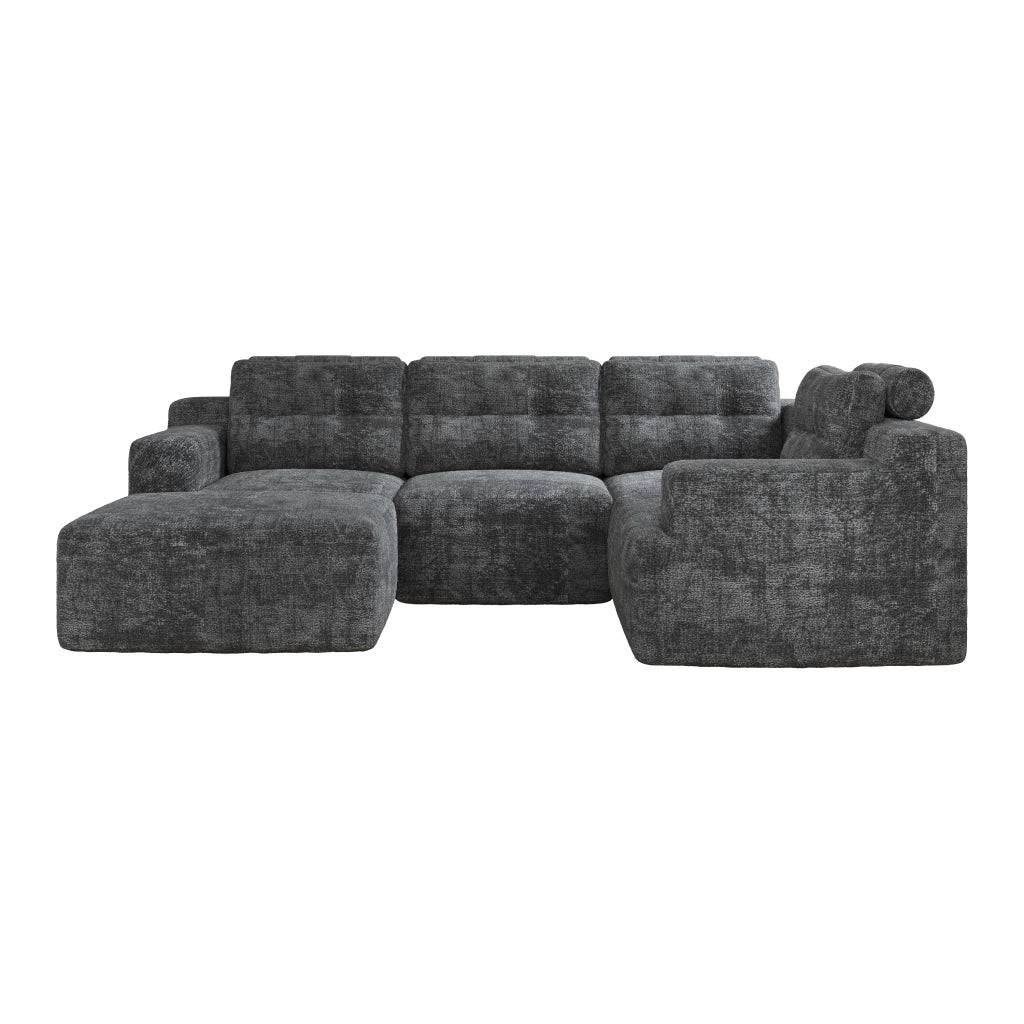 Divano modulare 5 posti 252x180 cm con pouf senza telaio in ciniglia grigio