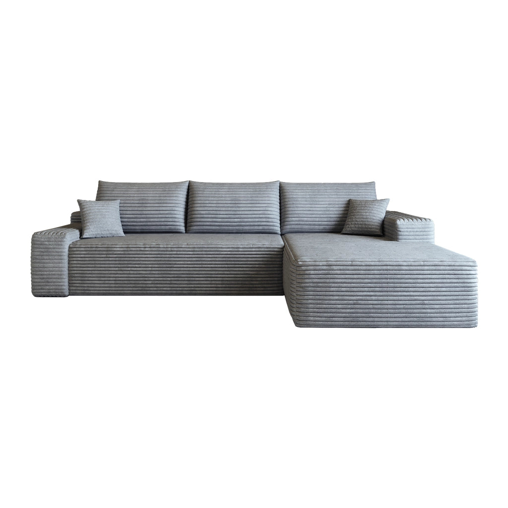 Divano angolare modulare con chaise longue e seduta profonda, senza montaggio, in tessuto a coste grigio