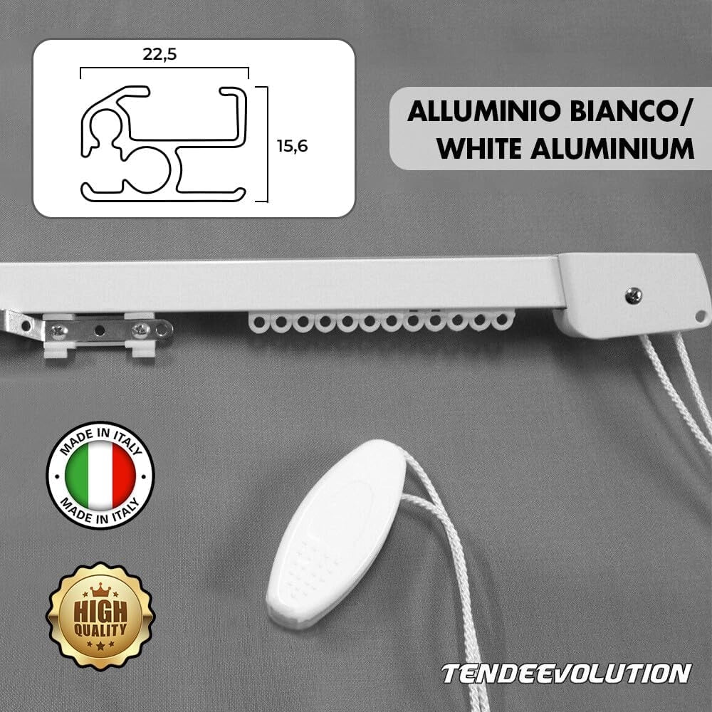Binario Scorritenda Lineare da Soffitto in Alluminio Bianco con Movimento a Corda Apertura a Sinistr - Riloga Bastone per Tenda 160cm