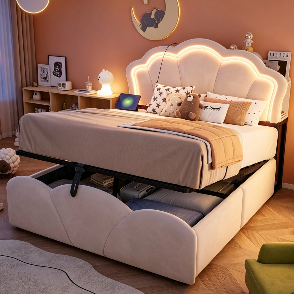 Letto imbottito 140 × 200 cm con contenitore idraulico in velluto beige LED prese e vani nella testiera