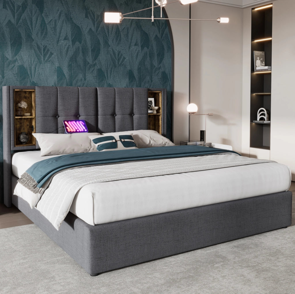 Letto matrimoniale contenitore 180x200 cm in cotone grigio con ricarica wireless e USB HOMVRA