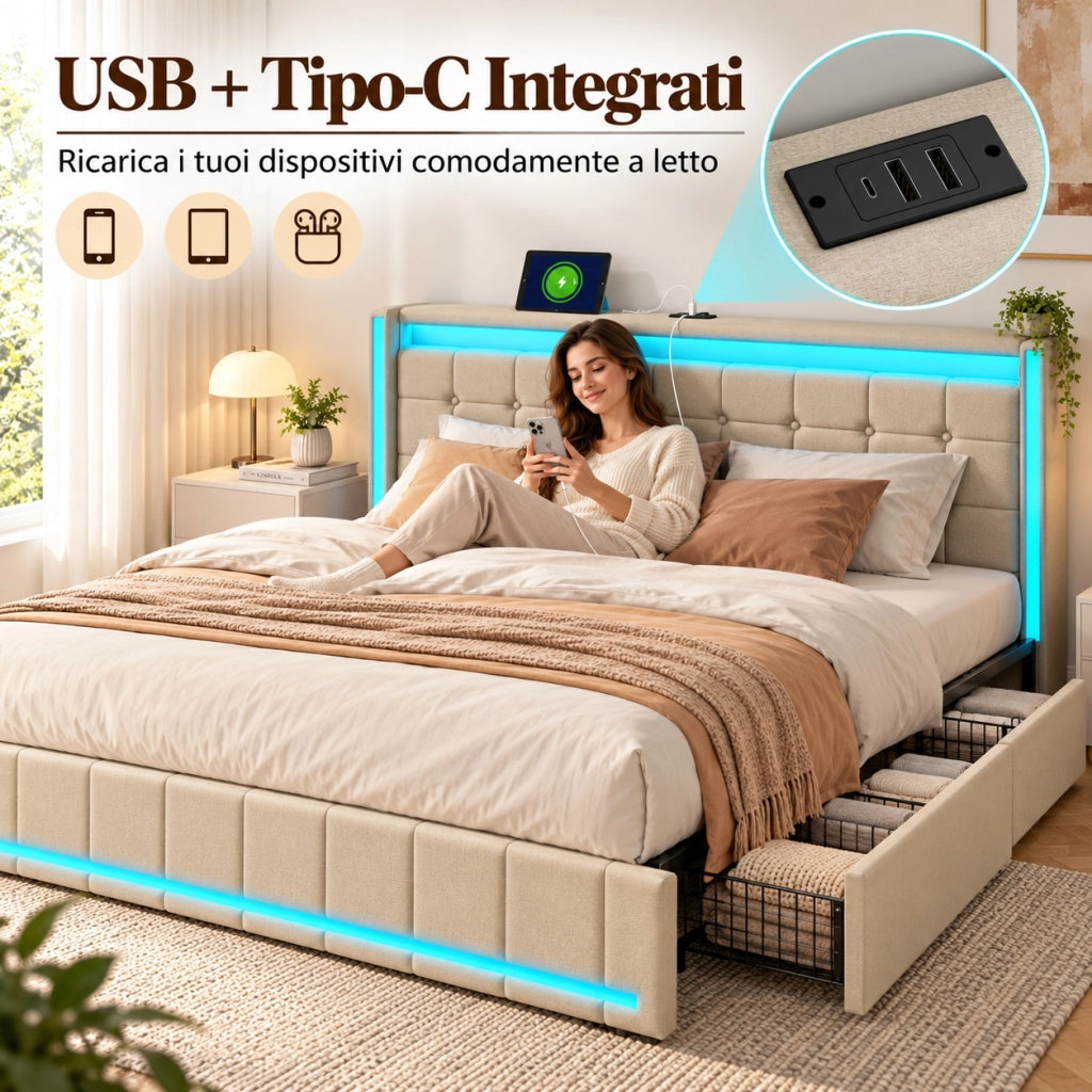 Letto matrimoniale con Contenitore 180x200 cm;letto imbottito 180x200 con 4 cassetti; LED e USB; letto con rete a doghe;Beige Lino;Senza Materasso