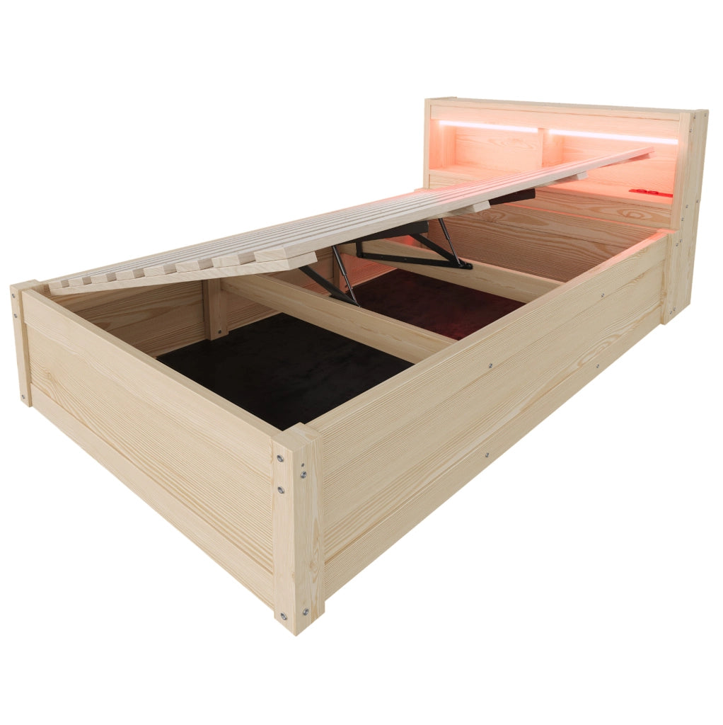 Letto singolo multifunzionale 90x200 cm con contenitore idraulico, LED e presa, color legno