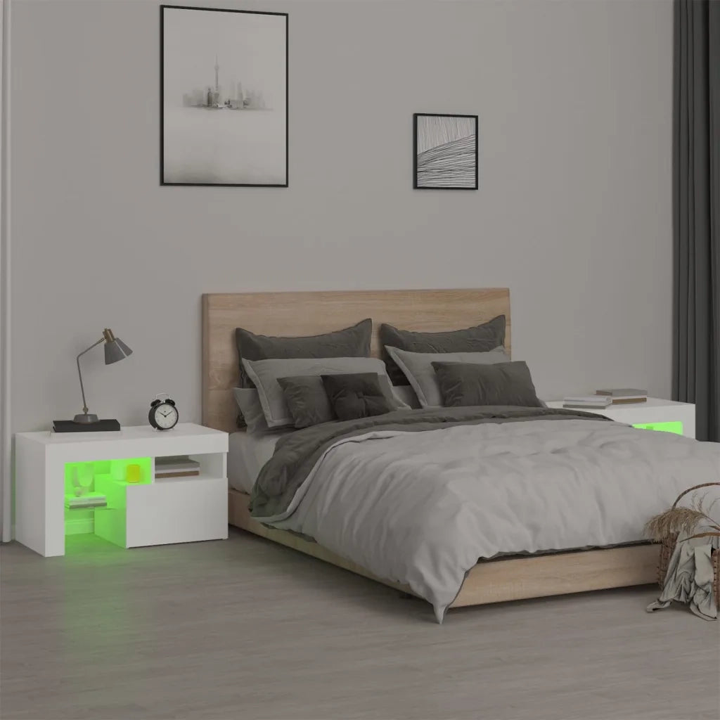 Comodini 2 pz con Luci a LED-Set di 2 Tavolino da notte Bianchi 70x36,5x40 cm