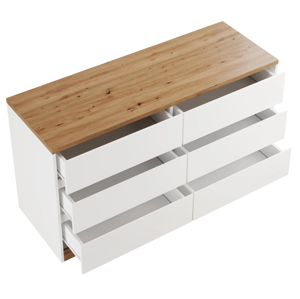 Scrivania girevole ULEVR 120x50 cm con 6 cassetti, ruote bloccabili e piano rotante, rovere e bianco