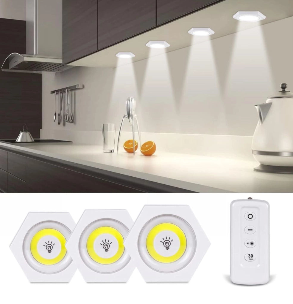 SET 3 FARETTI LED LIGHT CON TELECOMANDO CONTROL REMOTE PER SOFFITTO ARMADIO F16