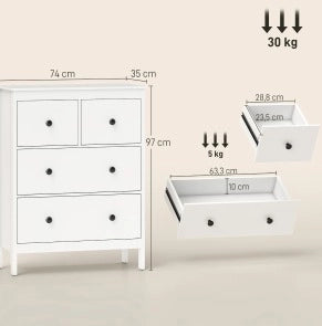 Cassettiera ULEVR 74x35x97 cm con 4 cassetti e guide a sfere, bianca con maniglie nere