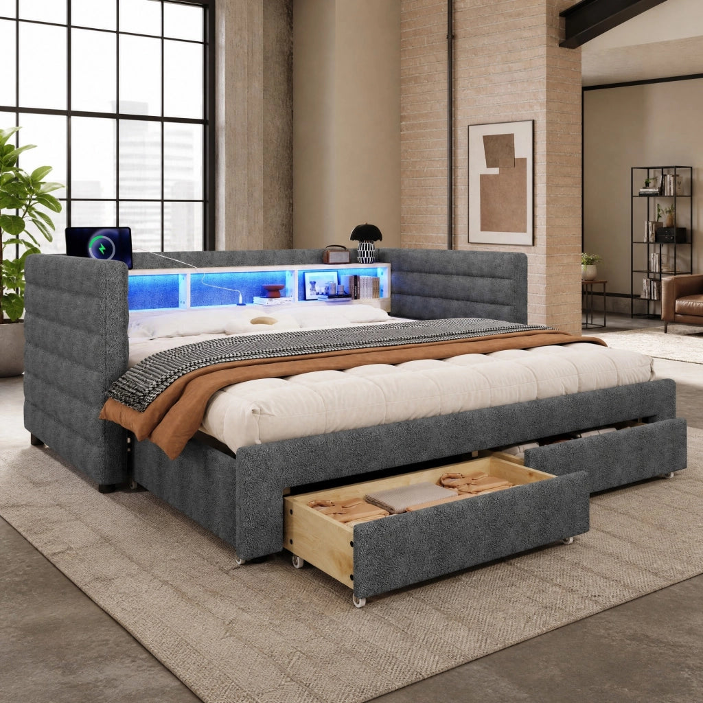 Letto estraibile in velluto con LED e vani contenitore