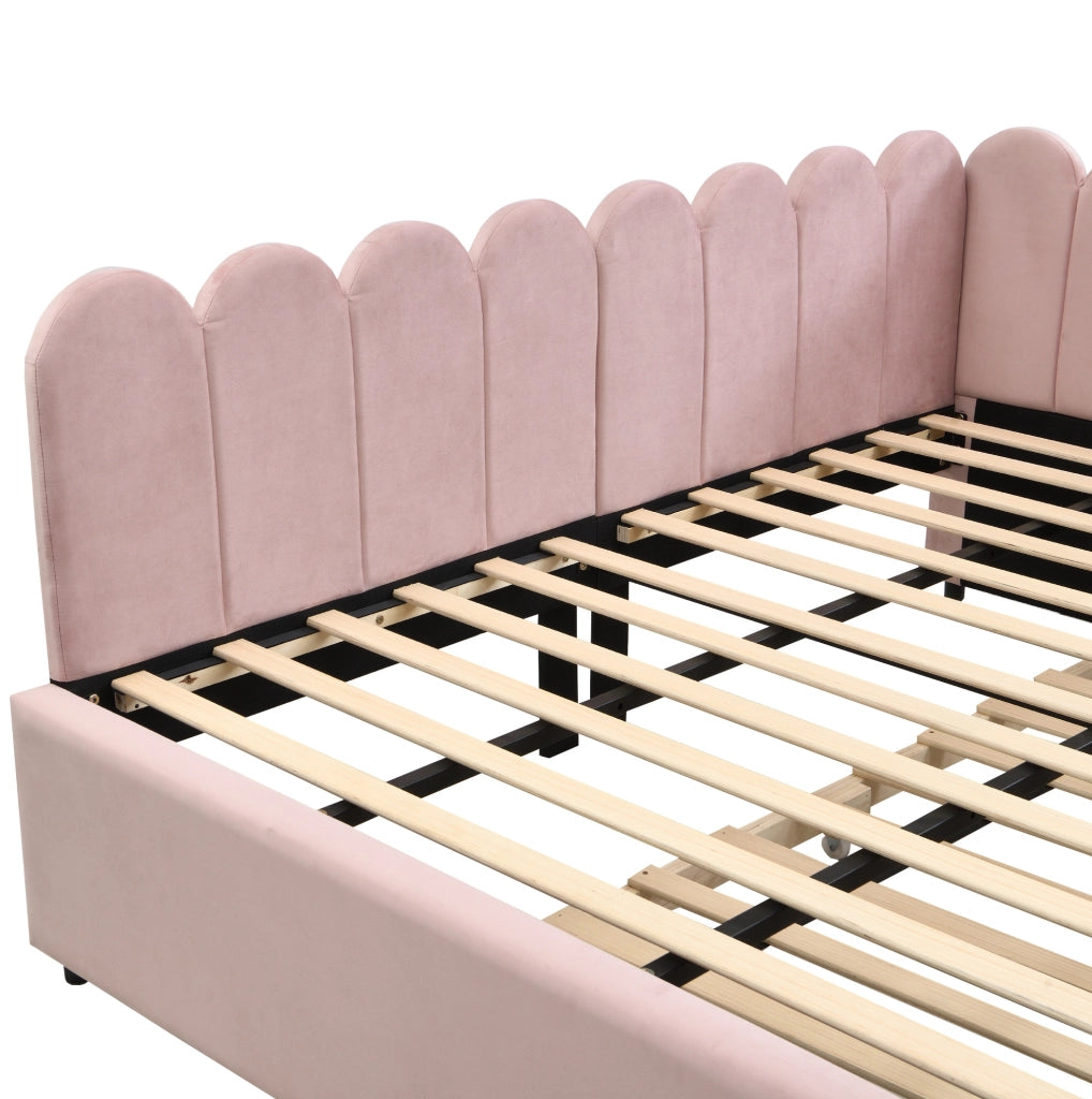 Divano letto angolare imbottito 140x200 cm con schienale floreale e letto estraibile in tessuto di velluto rosa