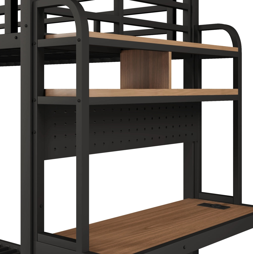Letto a soppalco singolo 90x200 cm con scrivania; LED e USB in metallo e MDF nero